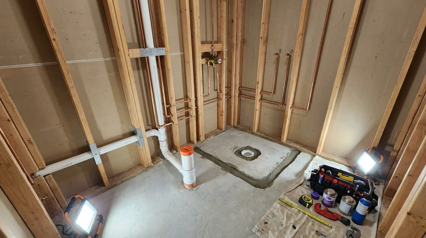 Bathroom rough-in plumbing during remodel by Johns Plumbing LLC in Swanquarter
