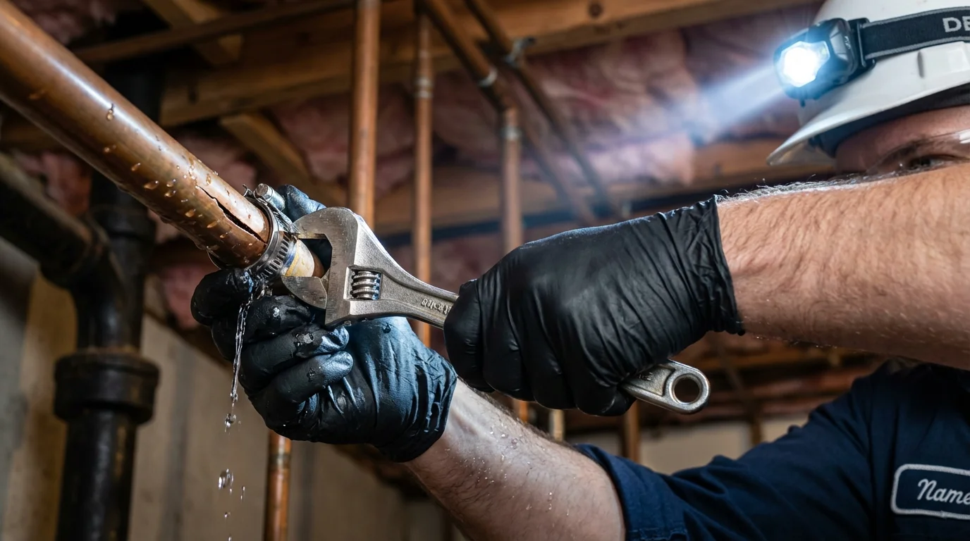 Emergency pipe clamp repair being performed by a Johns Plumbing LLC plumber in Swanquarter