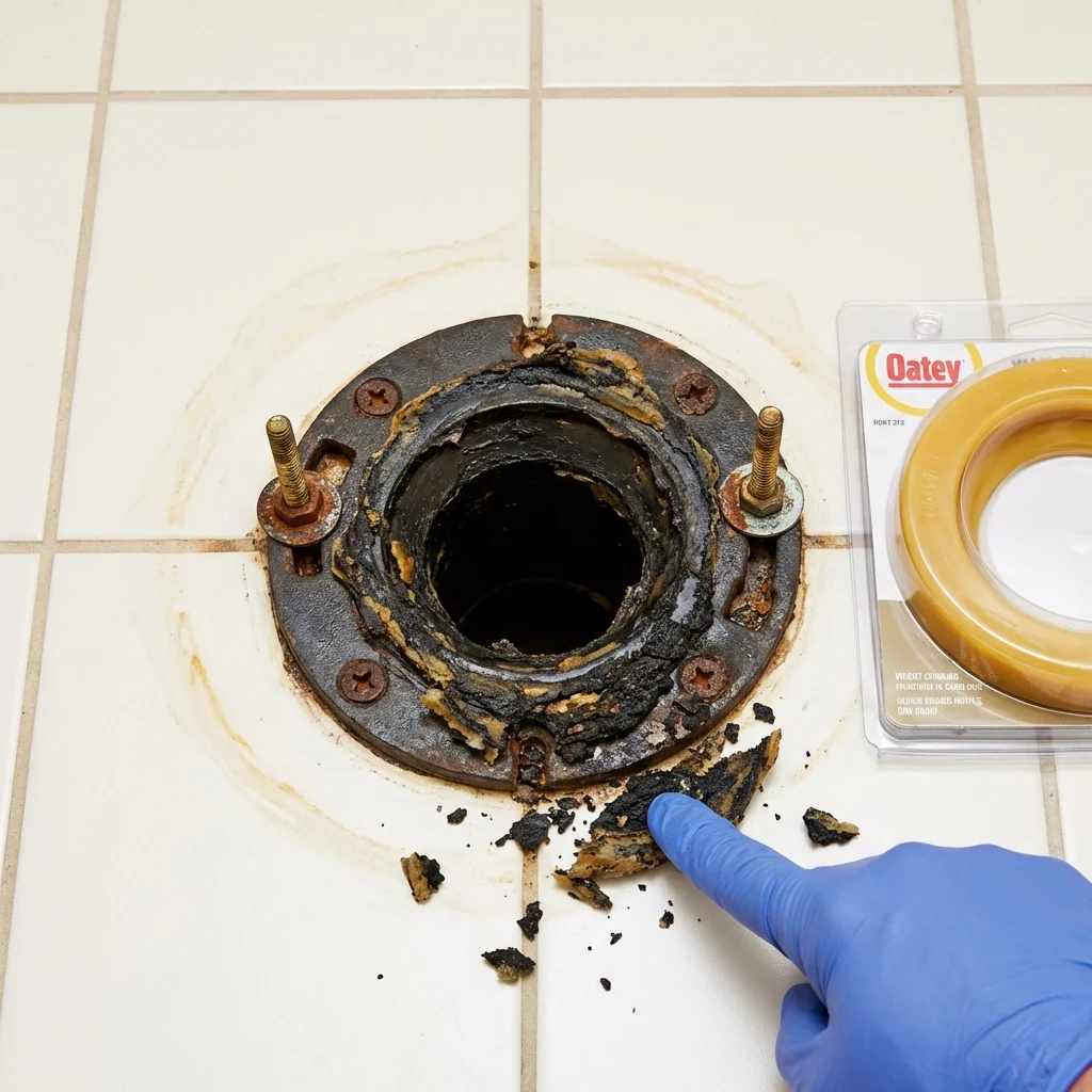 Failed wax ring showing water seepage at the base of a toilet in a Swanquarter, NC home