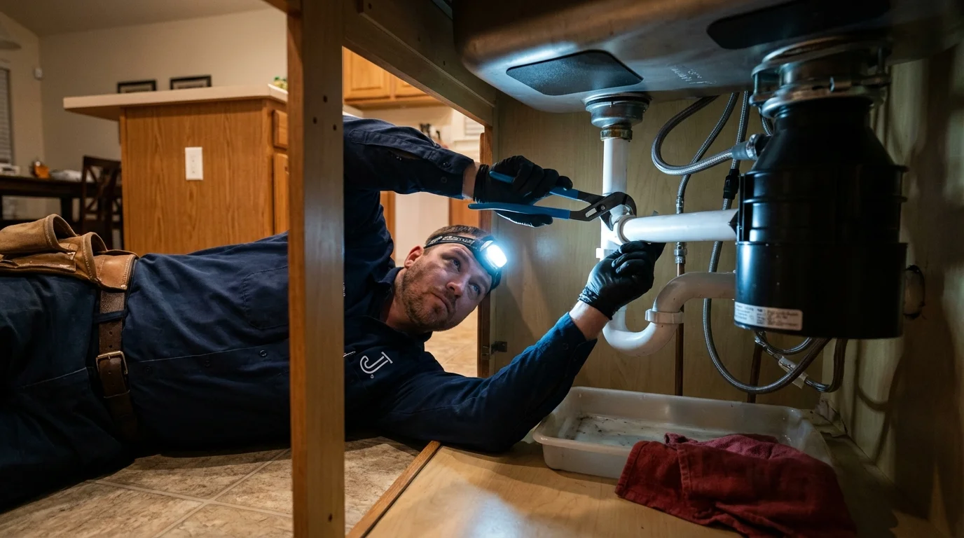 P-trap and supply line connections under a kitchen sink showing a common leak point in Swanquarter, NC